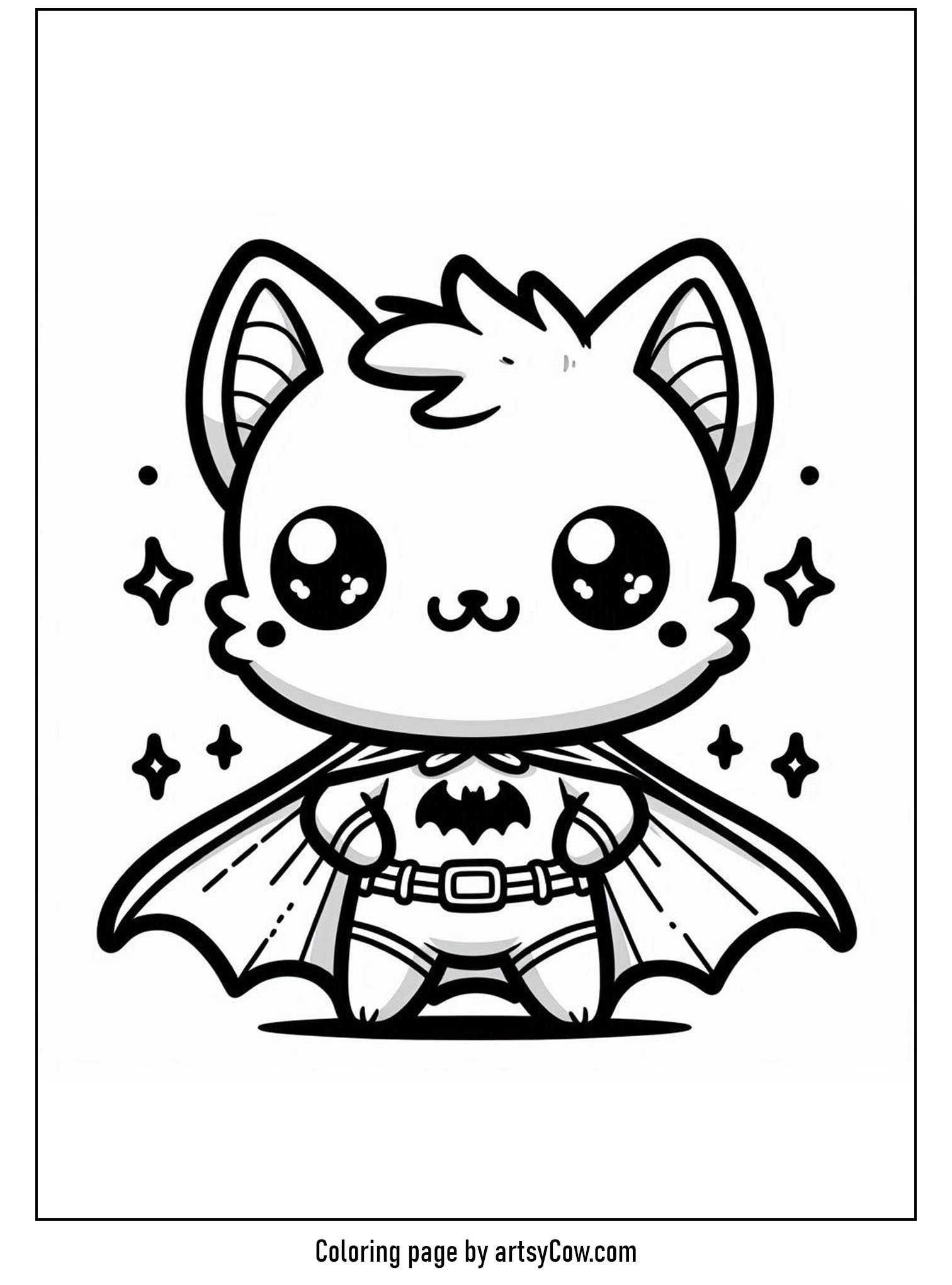 halloween coloring pages with bats, coloring page featuring a bat dressed as a superhero with a cape, surrounded by stars.